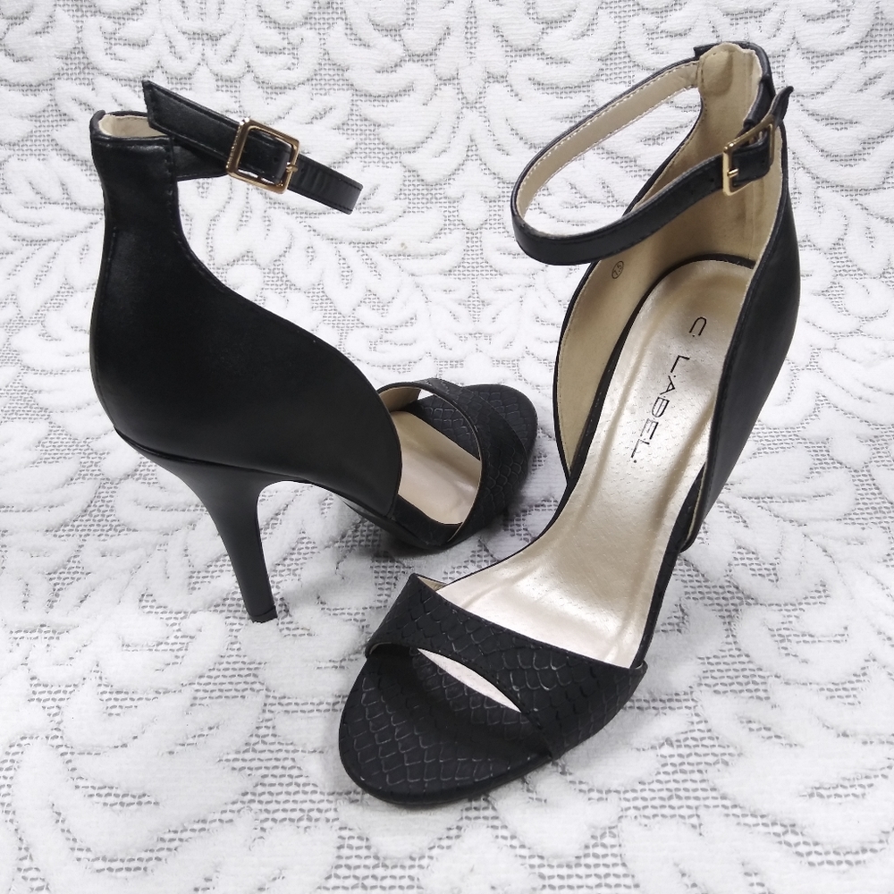 C. Label Black Ankle Strap Stiletto Heel Dressy Sandals, Size 7.5